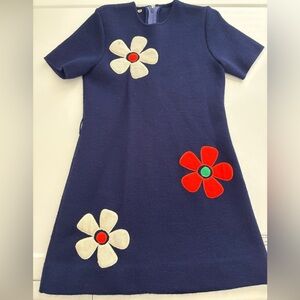 Piccolino Vintage Girls Dress Size 6X Blue Short Sleeve Retro Flower Navy Blue
